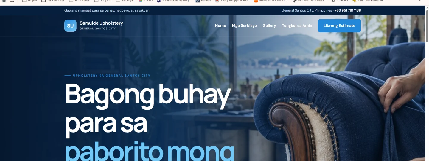 Samulde Upholstery website homepage screenshot