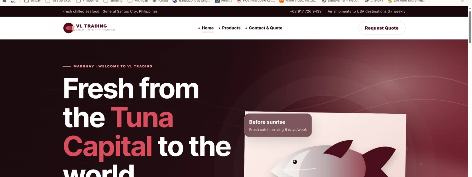 VL Trading seafood supplier website homepage screenshot